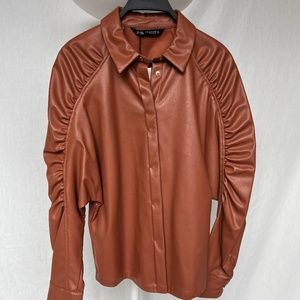 Zara (XS) soft pumkin vegan leather shirt, ruched sleeves, BNWT.